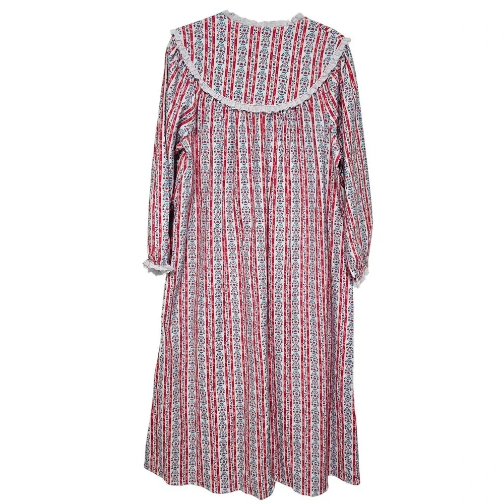 Lanz of Salzburg Nightgown M Red Floral Heart Stripe Lace Maxi Cotton Cottage